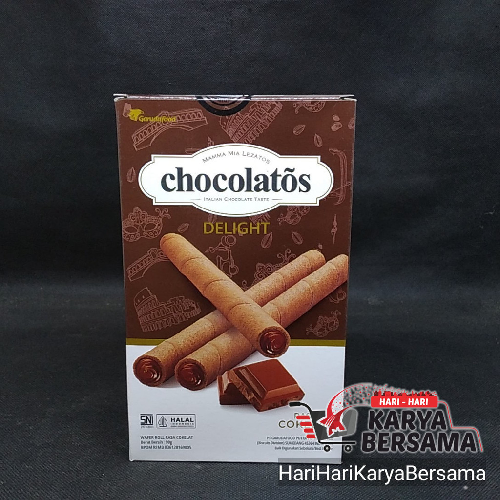 

MAKANAN RINGAN GARUDA FOOD CHOCOLATOS DELIGHT WAFER ROLL RASA COKELAT 90GR