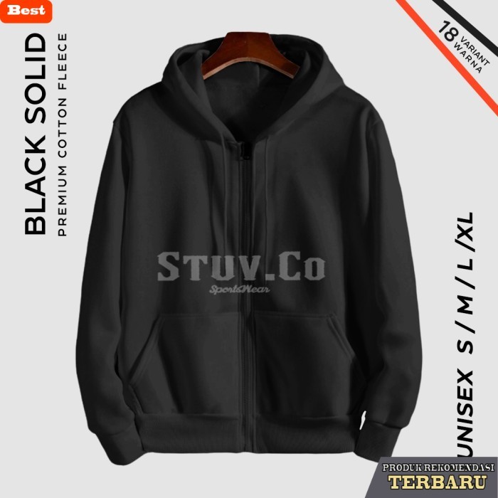 hoodie pria keren JAKET SWEATER POLOS HOODIE ZIPPER PUTIH KEREN PRIA WANITA - Hitam, M