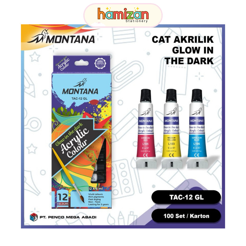 

( 1 set ) Montana Cat Acrylic Color Paint Glow In The Dark 12 Warna / Cat Acrylic 12w Nyala Dalam Gelap / Cat Air Akrilik Murah TAC-12-GL Murah Berkualitas