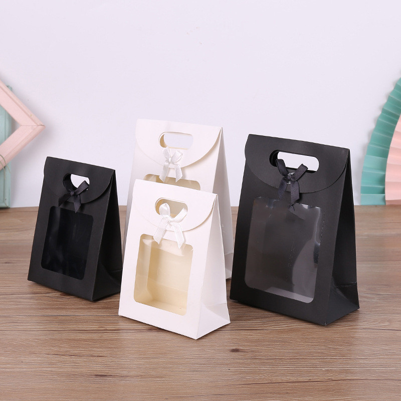 

10Pcs Black/White Gift Bags with Clear Window Kraft Paper Bag with handle Candy Biscuits Cake Packing Box Eid Mubarak Gift Bag