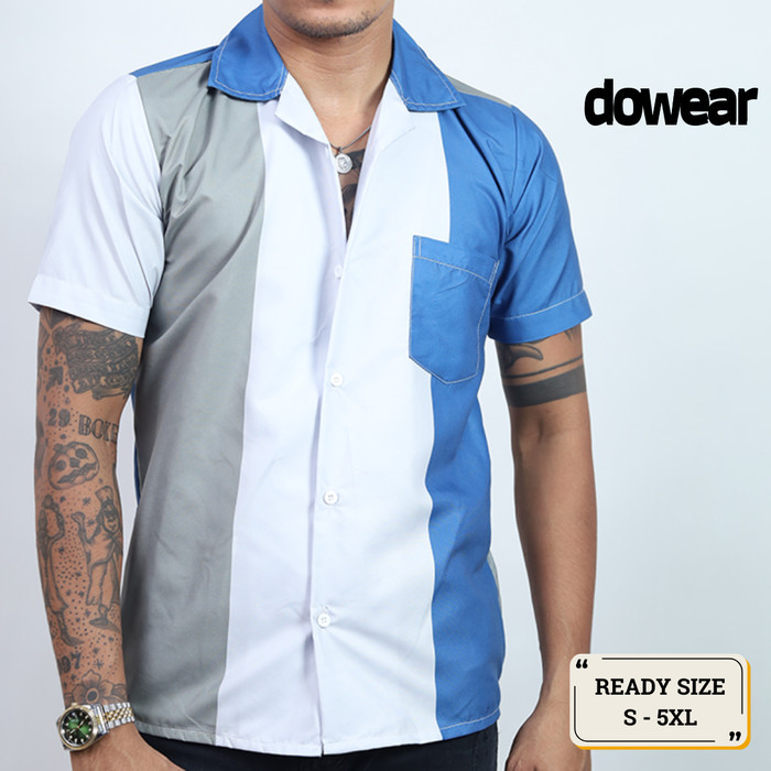 Hem Baju Kemeja Polos Pria Wanita Lengan Pendek Premium Oversize Trend Printing CREAM BIRU 207 - S