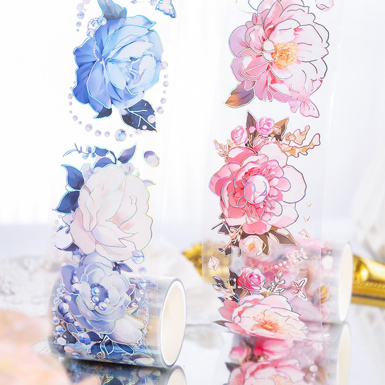

[Gongjin] Sticker Roll Flowers and Moon FAM Bunga Floral Hot Print Silver Cantik Stiker PET