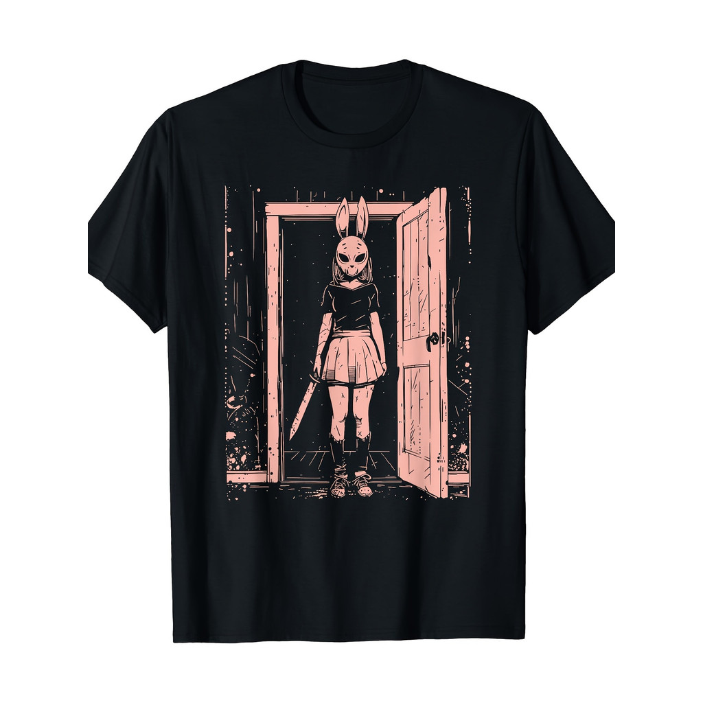 Kaos Pria Anime Horor Kelinci Gothic Topeng Pembunuh Hitam Pink O-Neck Lengan Pendek Kasual Musim Pa