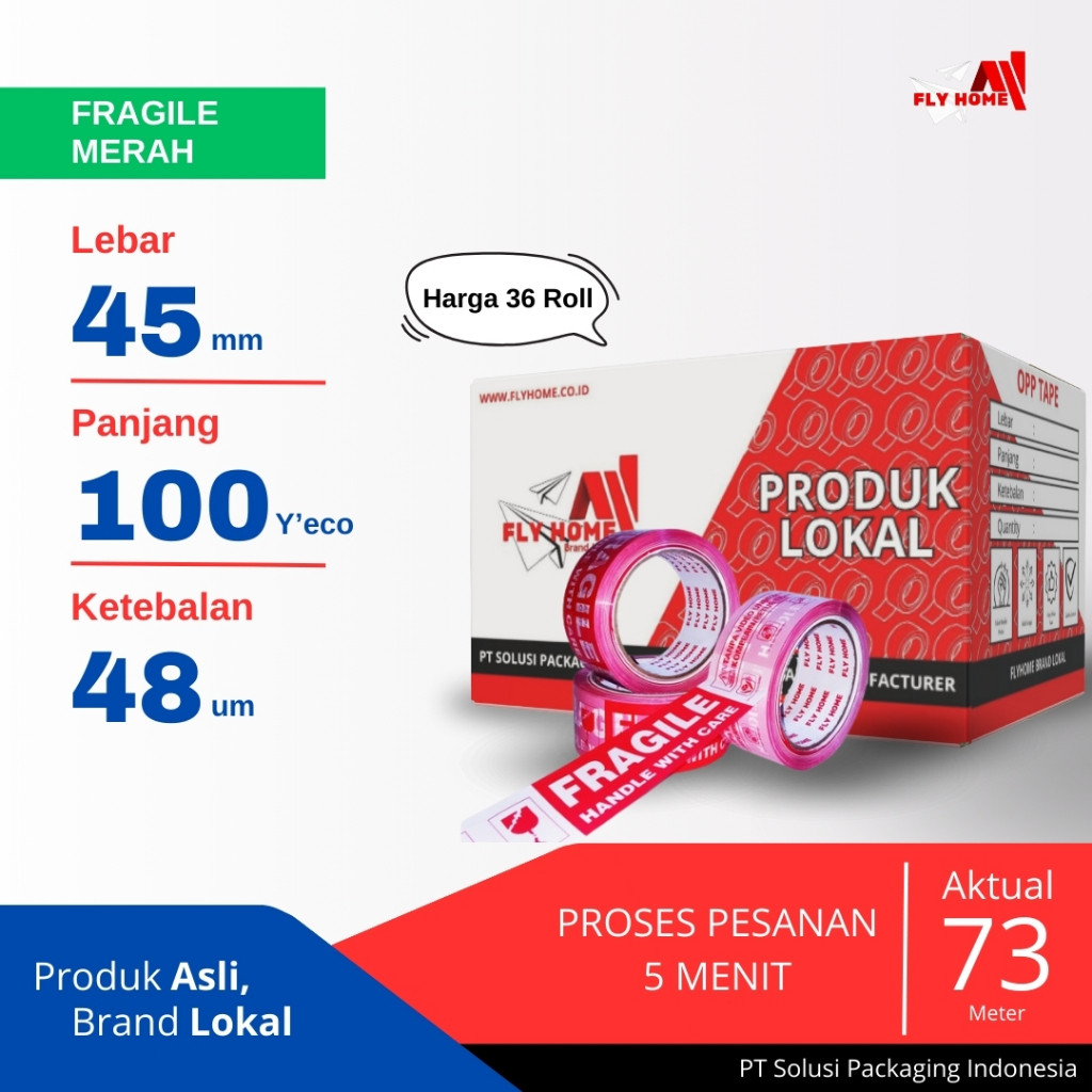 

FLYHOME Fragile unboxing 1/2 dus 100yard 36 roll 45mm x 100yard lakban segel 100 yard ECO