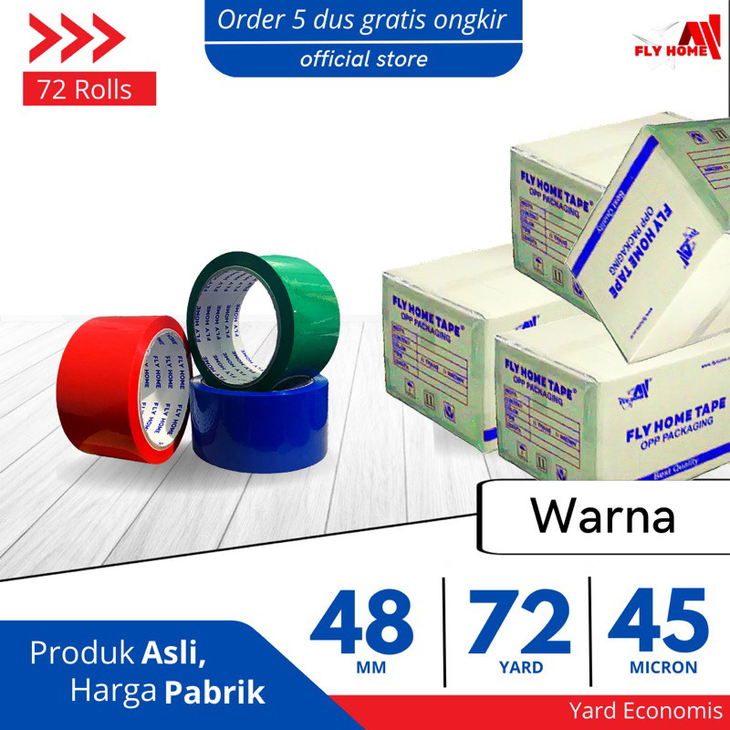 

FLYHOME Lakban warna 72yard 2inci 48x72 yard 1 dus - merah putih kuning hijau biru hitam