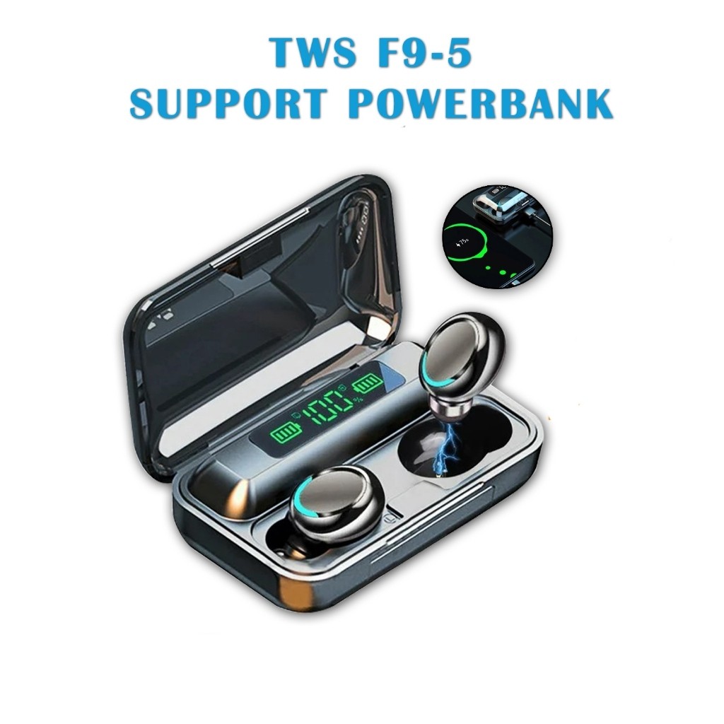TWS Headset Bluetooth f9-5 m10 5.0 Earphone Stereo Digital Display Wireless Headset 2in1 with Poweba