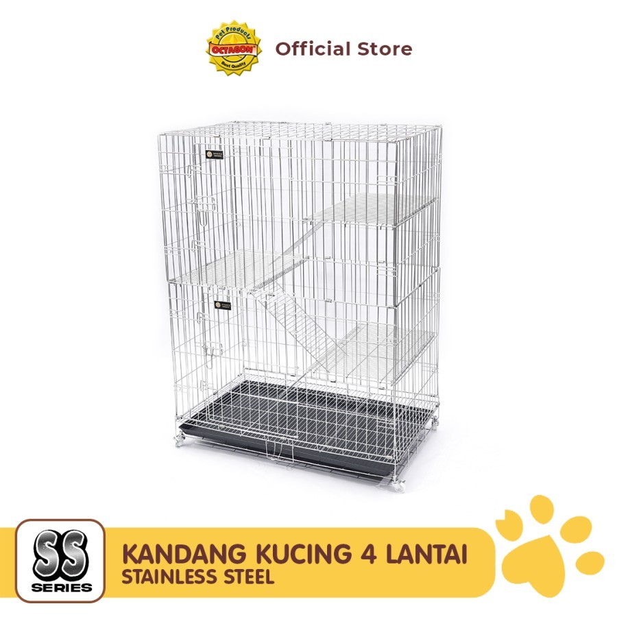 OCTAGON Kandang Kucing 4 Lantai + Roda + 2 Pintu Stainless Steel Anjing Marmut Kelinci Hewan Besi An