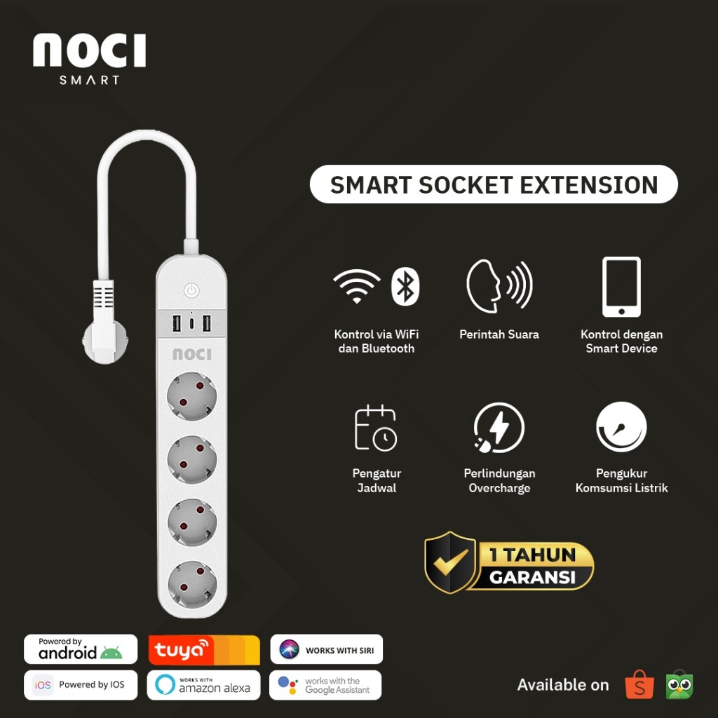 Noci Smart Stop Kontak Colokan Cable Extension 4 Sockets Wireless WiFi + Bluetooth