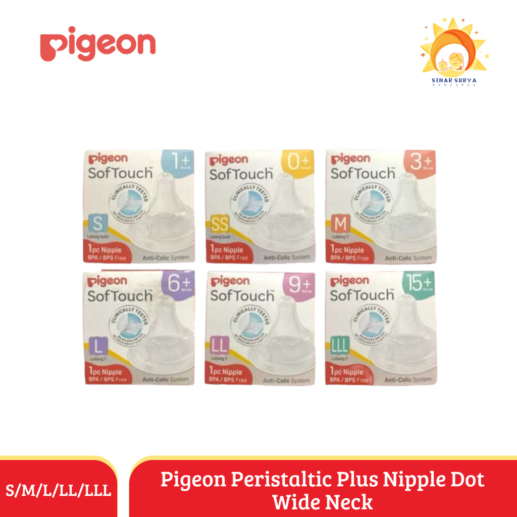 Pigeon Peristaltic Plus Nipple Dot Wide Neck S M L /LL /LLL