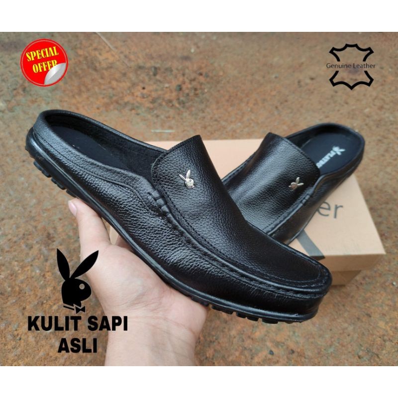 sepatu sandal pria 100% kulit sapi asli slop pria kulit asli