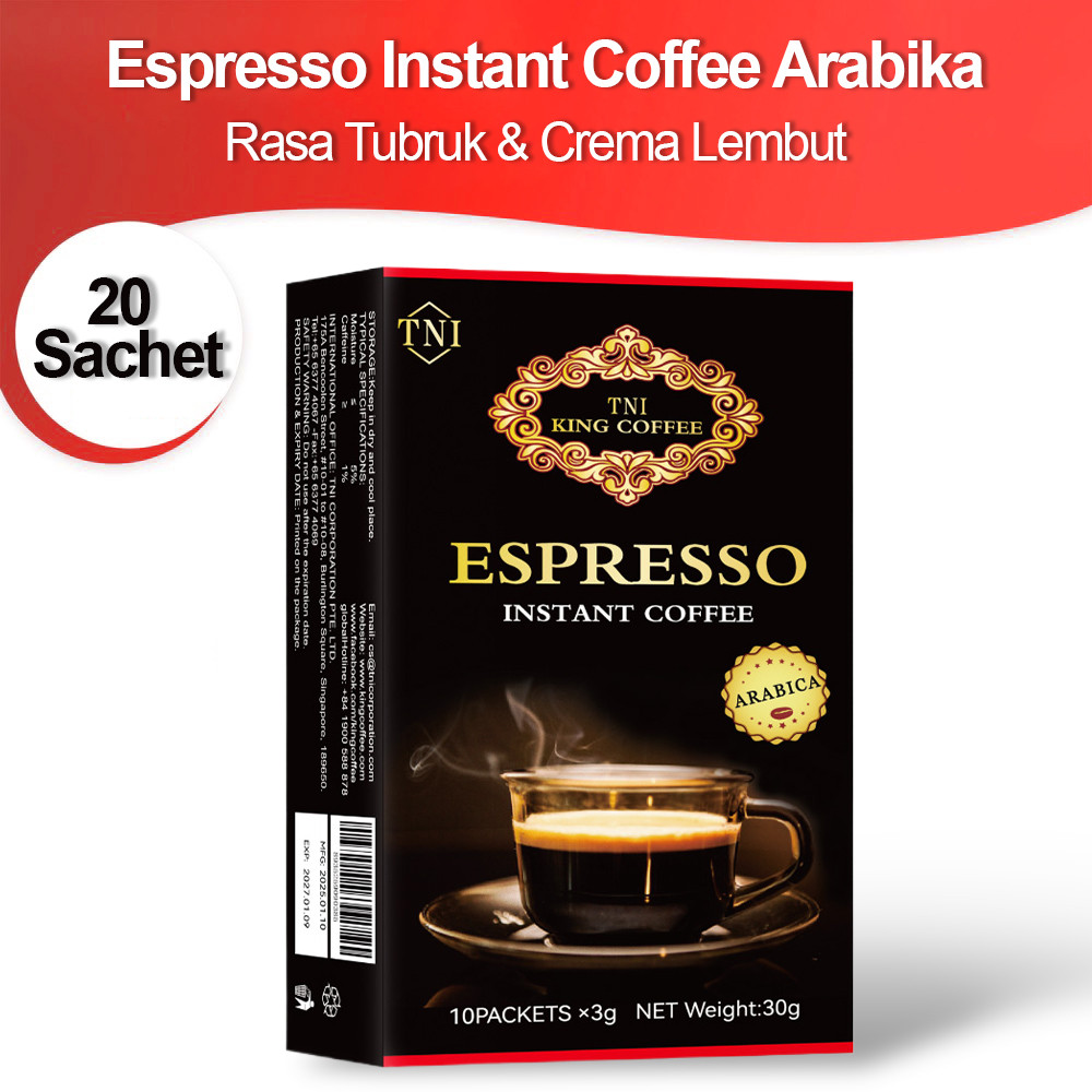 

Espresso Instant Coffee Arabika Meningkatkan Energi & Vitalitas, Meningkatkan Fokus & Konsentrasi, Mempercepat Metabolisme, Meningkatkan Pembakaran Lemak Rasa Tubruk & Crema Lembut, Tanpa Pengawet 20 Sachet
