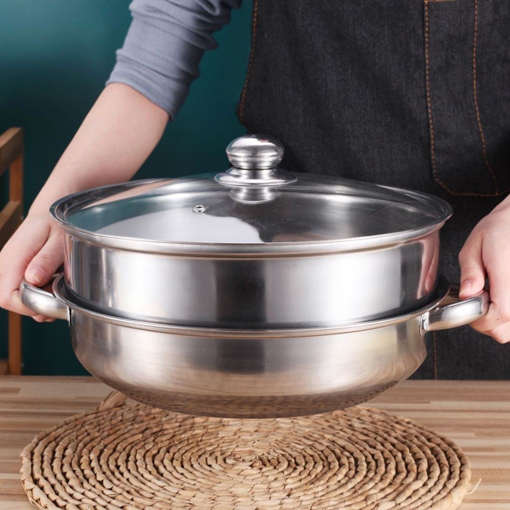Panci Kukusan 2 Susun Tutup Kaca Steaming Pan Stainless Steel / Dandang Kukus Rebus Ayam Daging Siom