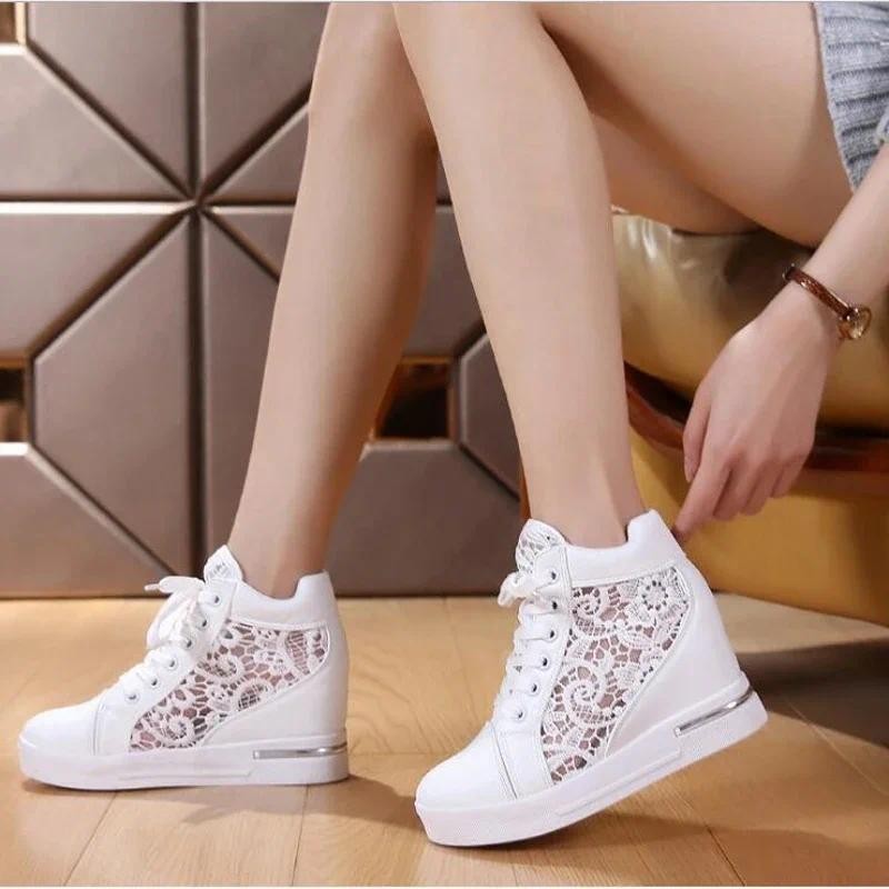 Women Wedge Platform Sneakers Rubber Brogue Leather High heels Lace Up Shoes Pointed Toe Height Incr