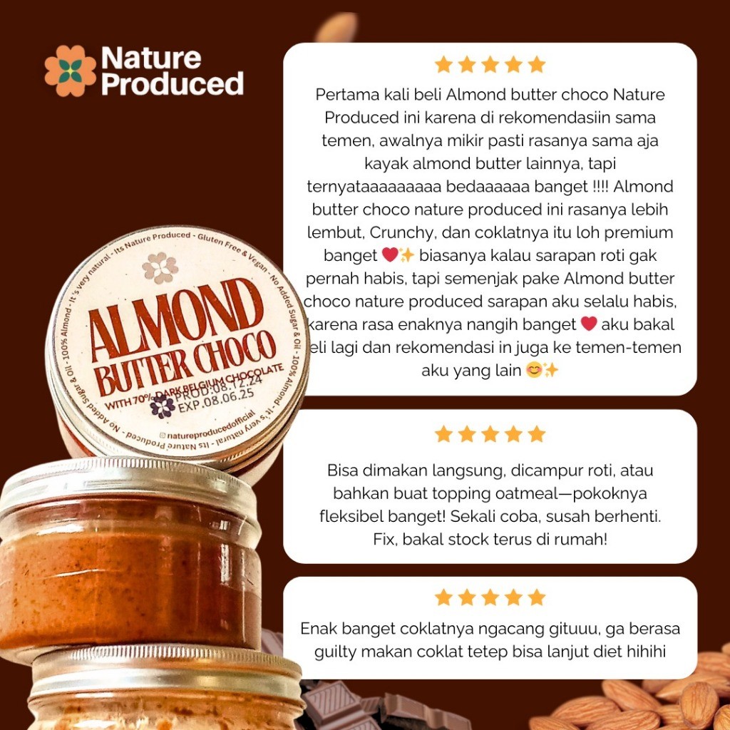 

RB [Nature Produced] Almond Butter Choco Vegan PIRT 70% Dark Chocolate Tanpa Gula Tambahan