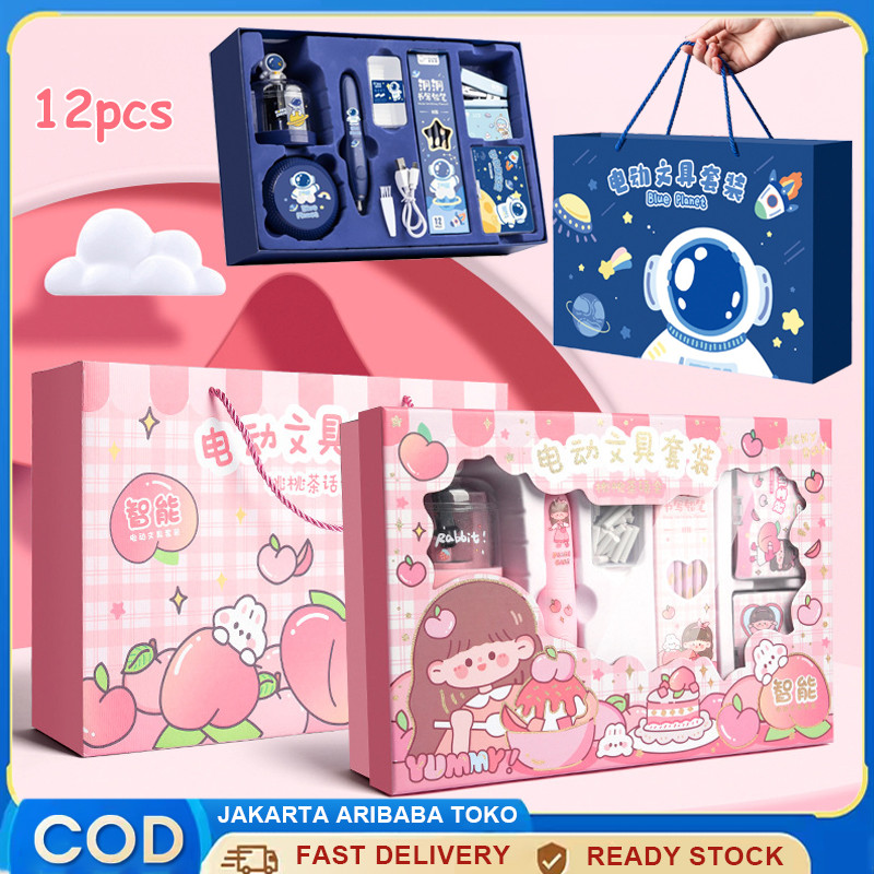 

12 IN 1 Electric Stationery Set / Set Alat Tulis Elektrik Rautan Penghapus Vacuum Pensil / Perkakas