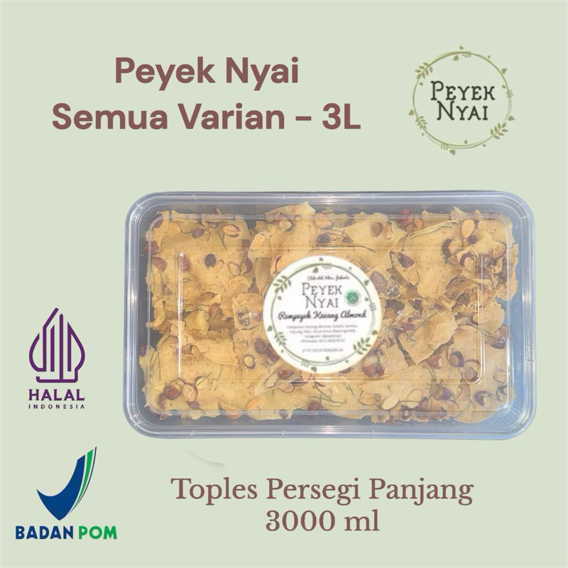 

PeyeK Nyai - Rempeyek Semua Varian (3L/Toples 3000 ml) | Peyek Kacang | Peyek Teri Medan | Peyek Udang Rebon | Peyek Teri Cabai Rawit | Peyek Kacang Hijau | Peyek Kedelai Hitam | Peyek Almond | Peyek Mede | Peyek Kacang Cabai Rawit | Peyek Baby Cumi