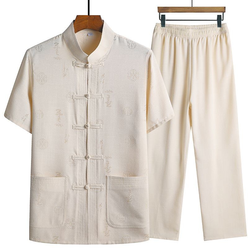 Celana panjang lengan pendek kemeja paruh baya dan lansia kemeja gaya Cina setelan longgar jas ayah 