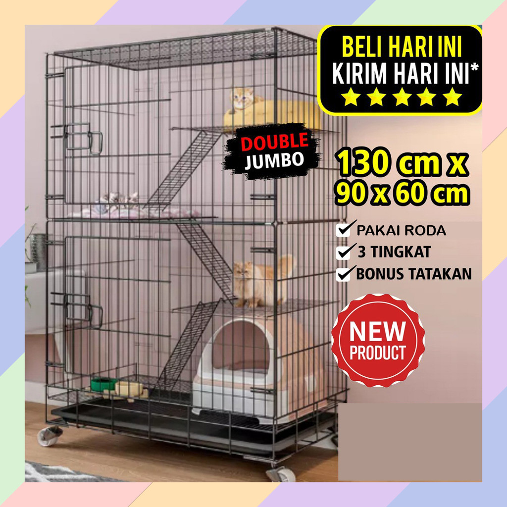 FH58 Kandang Kucing 90 CM Tingkat 3 Susun Lipat Anjing Kelinci JUMBO XXL TGAL