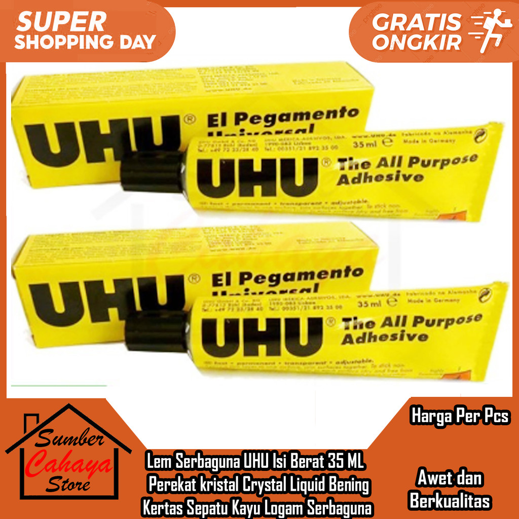 

Lem Serbaguna UHU Isi Berat 35 ML Glue Perekat kristal Crystal Likuid Liquid Bening Cair Kertas Sepatu Kayu Logam Kaca Keramik Kulit Karet Kain Karton Kertas Craft Berkualitas DIK PVC Strerofoam Sterofom HPL