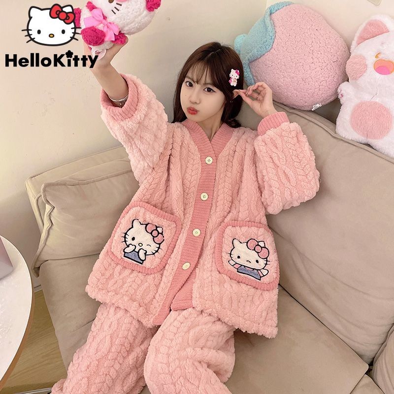 Sanrio Hello Kitty Plush Pink Cargan Button Tops Pants 2 Piece Set Women Winter Flannel Pajamas Suit