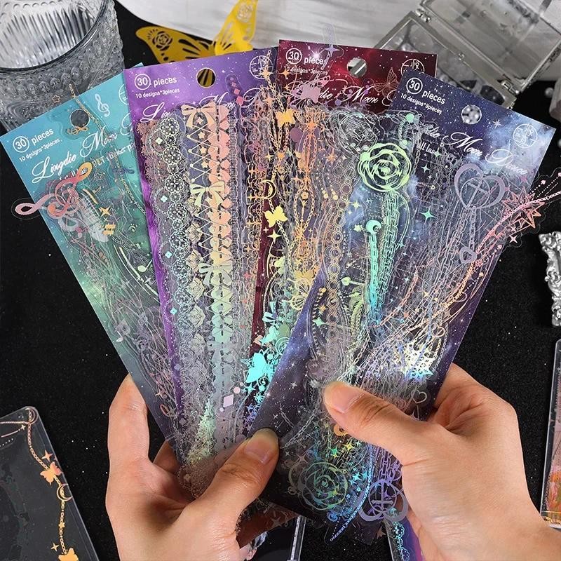 

Journamm 30pcs/pack Aesthetics Frame Decor Stickers Twinkle Gold Foil Collage Scrapbooking Materials Waterproof PET DIY Stickers