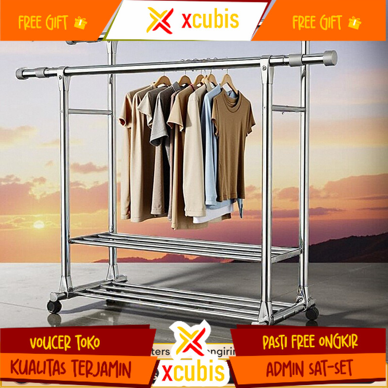 Rak Gantungan Baju Berdiri Stainless Steel Tebal Jemuran Baju Stainless Jemuran baju Dobel Pool Roda