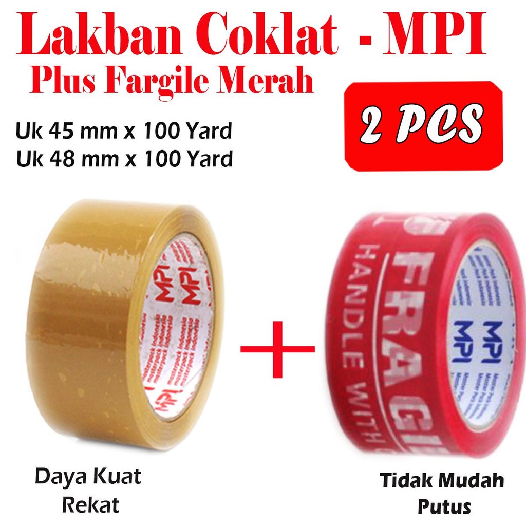 

Lakban Coklat Uk 45 mm x 100 Yard + Lakban Fragile Merah Uk 48 x 100 Yard