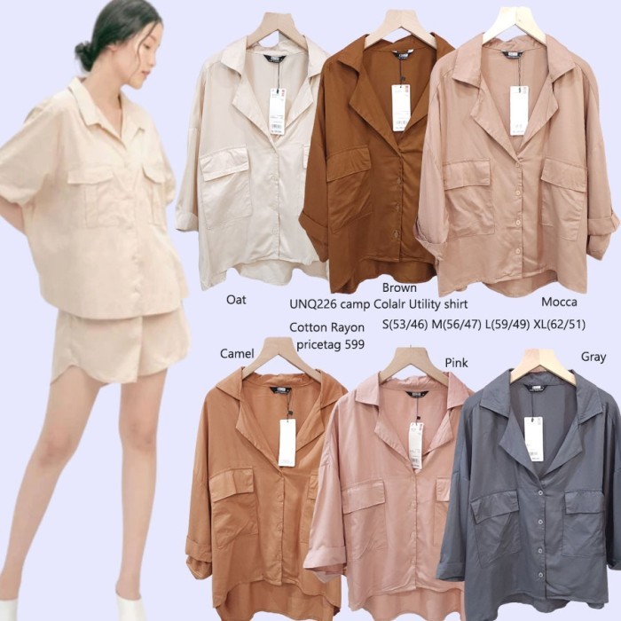 UNQ 226 CAMP COLLAR UTILITY SHIRT Baju Atasan Blouse Wanita Branded - NATURAL