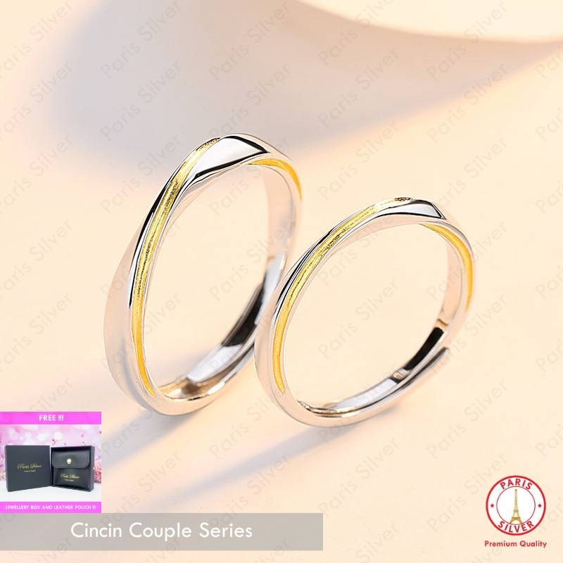 Cincin Couple Perak Asli Model Pria Wanita Silver 925 Lapis Emas Putih dan Kuning Adjustable