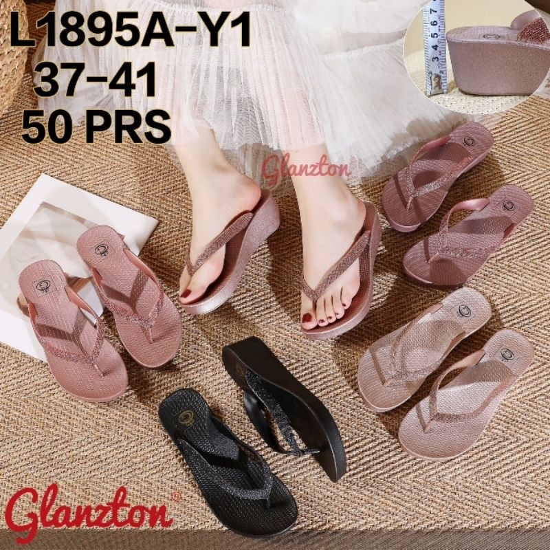 [PREMIUM ORIGINAL] L1895A-Y1 Glanzton Sandal Wedges Jepit Wanita Karet Jelly Gliter Tali Blink Glitt