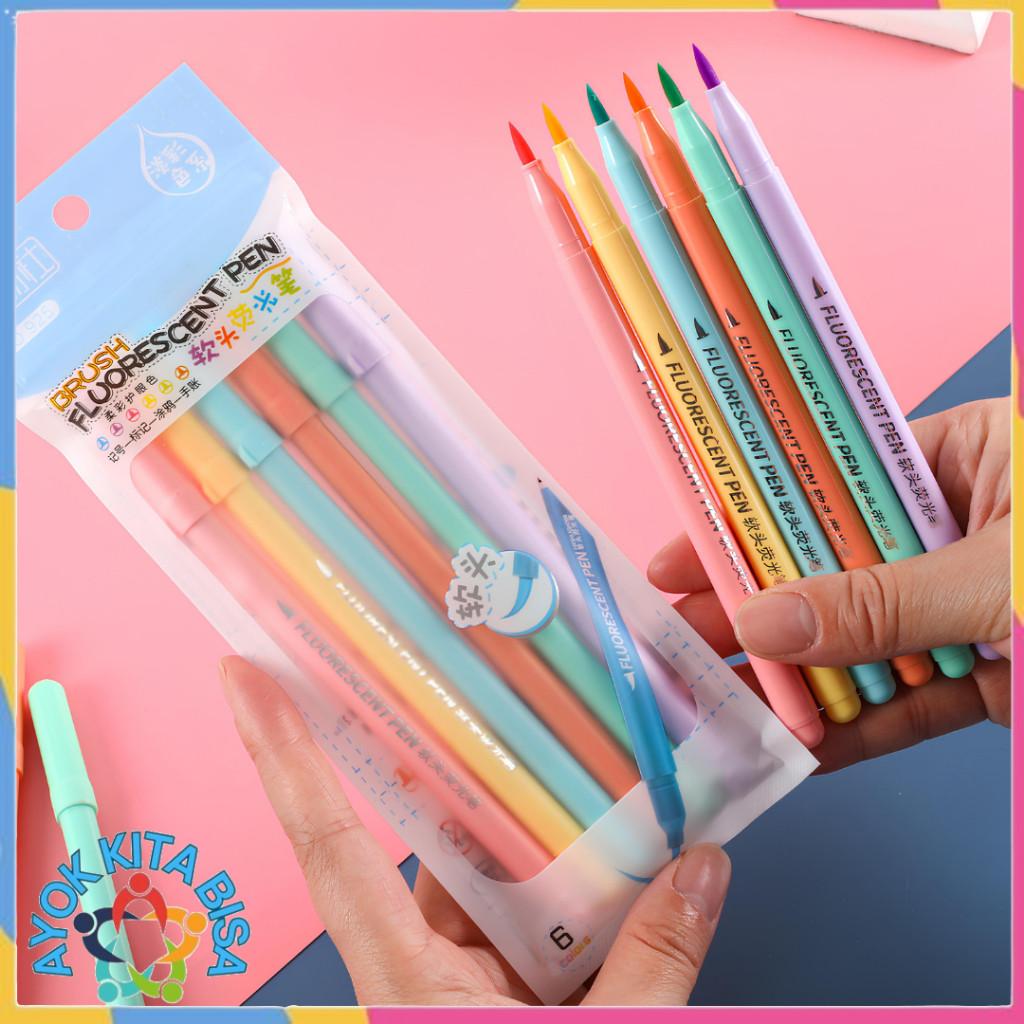 

AKB Set 6pcs Brush Pen Murah Highlighter Pen Calligraphy Brush Lettering Aesthetic Vintage Warna Warni Brush Marker Pena Kuas Warna Pulpen Brush Marker Highlighter Warna Pastel Random