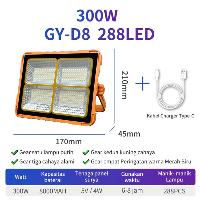 

Lampu emergency surya super bright 300W LED 4 mode nyala USB charger Baterai Biru Kuning Merah Putih White - 288LED