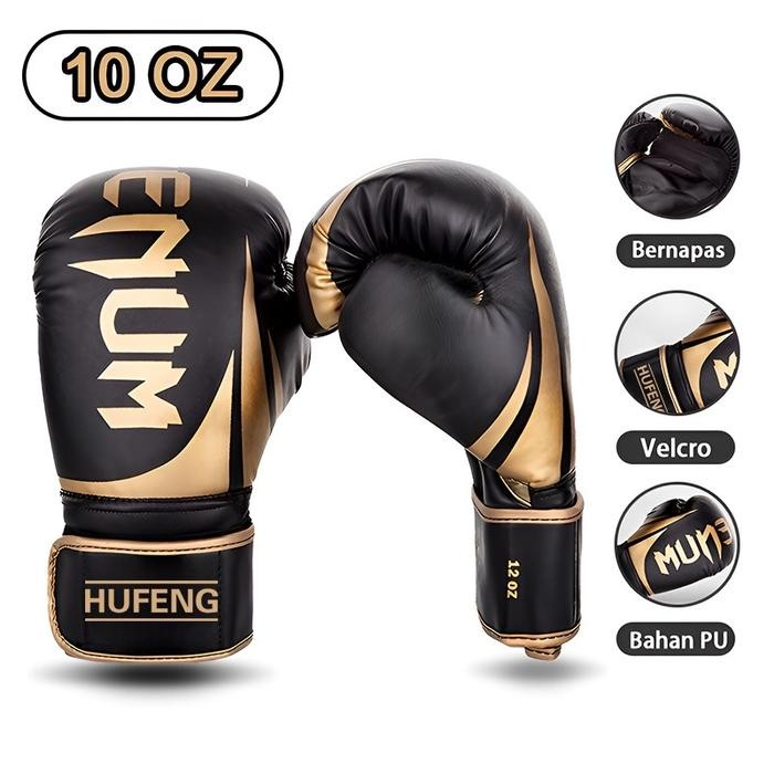 Gloves Boxing Muay Thai Fighting Training Kick Boxing 10oz 12oz - HITAM GOLD 10oz