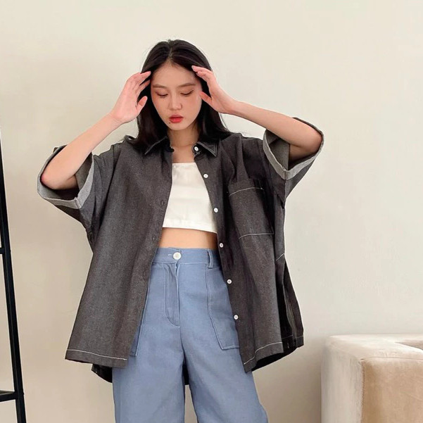 Kemeja oversize lengan pendek crepee/swiding soft jeans/ kemeja marley Outif Casual Wanita Dewasa Ke