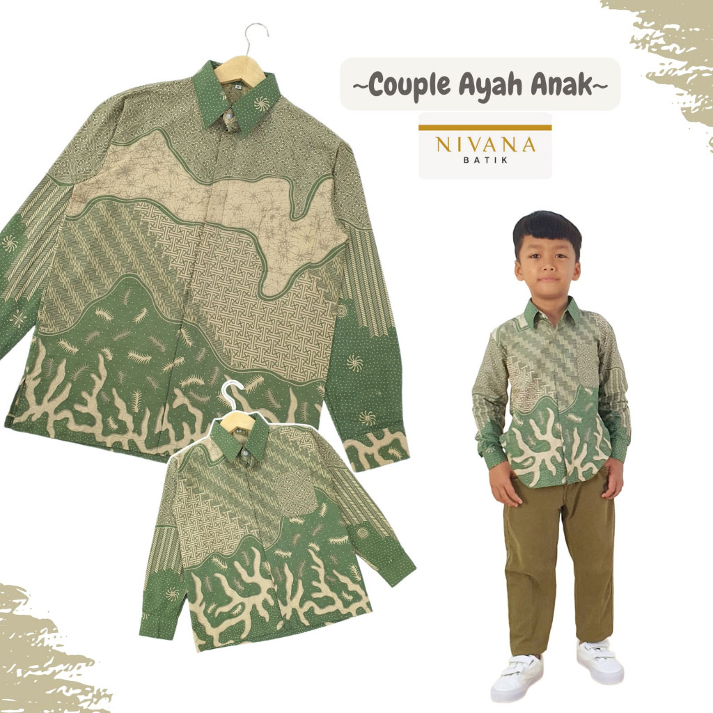 BEST SELLER Couple Ayah Anak Batik Kemeja Panjang Inara Hijau Lumut