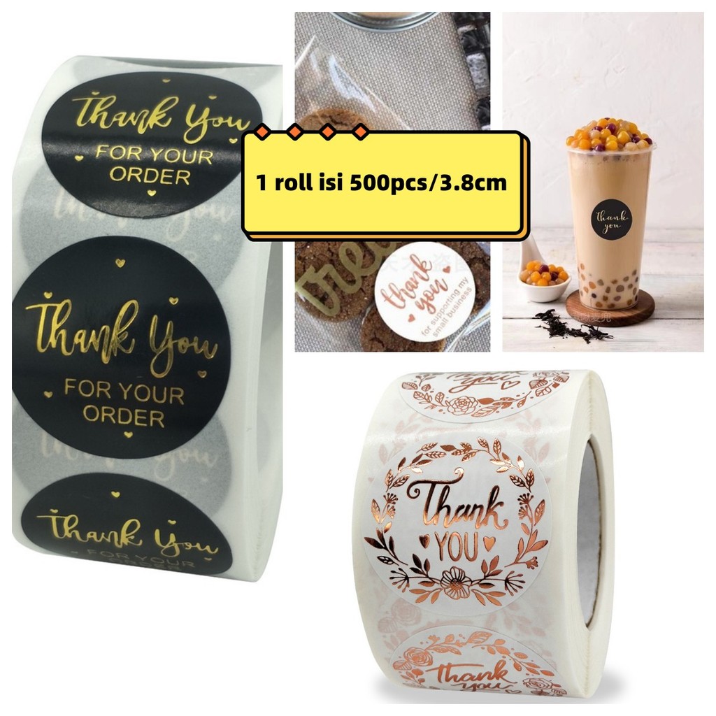 

1 roll 500 sticker label "thank you" hitam gold 3.8 cm kualitas tinggi untuk hadiah & dekorasi.