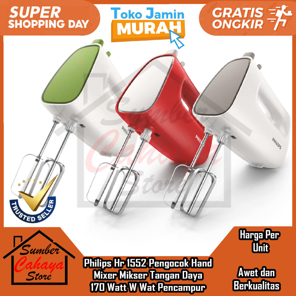 Philips Hr 1552 Pengocok Pengaduk Hand Mixer Mikser Tangan Daya 170 Watt W Wat Pencampur Adonan Telu