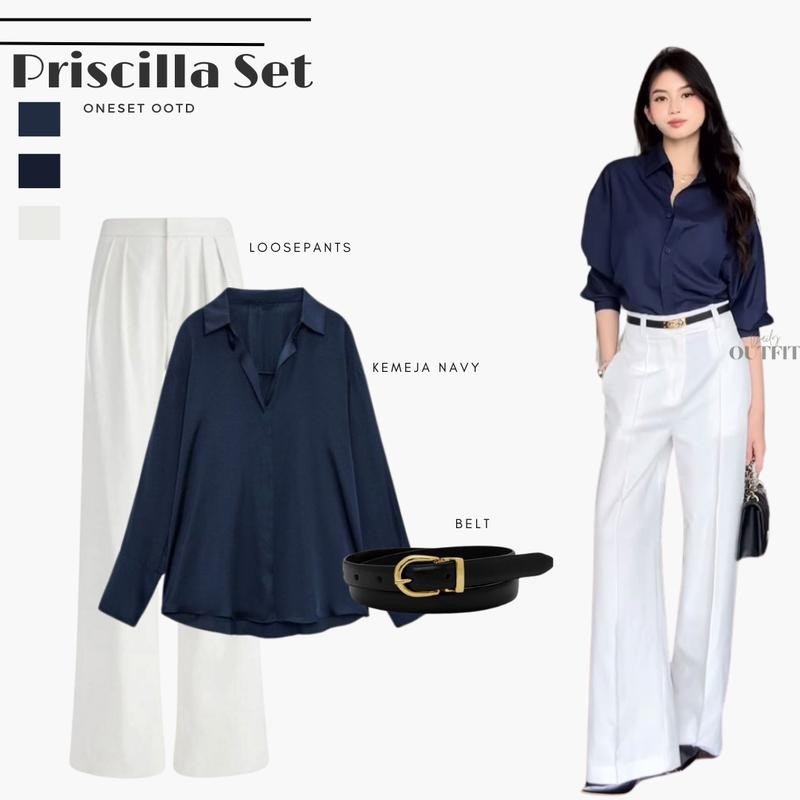 Priscilla Set Outfit wanita | Atasan Kemeja Navy | Bawahan Celana Kulot Loosepants Scuba | Sabuk Bel
