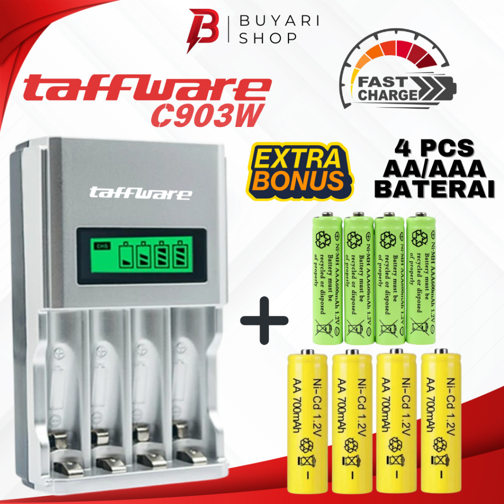 Charger Taffware C903 Smart Intelligent LCD 4 Slot Fast Charging Charger baterai AA I Charger Batre 