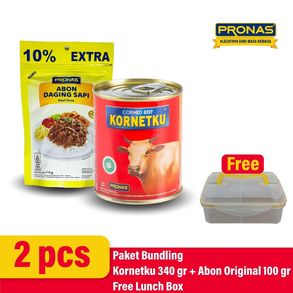 

PRONAS Paket Bundling Kornetku Kornet Sapi 340 gr & Abon Sapi Original 100 gr Free Lunch Box