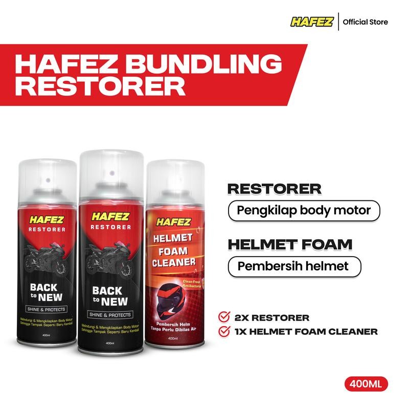 

HAFEZ BUNDLING 2 RESTORER & 1 HELMET FOAM Pengkilap dan Penghitam Body Motor Kendaraan Cleaner Car Pembersih