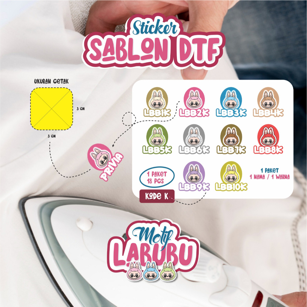 

STIKER BAJU NAMA CUSTOM LABUBU LUCU / STIKER KAIN / STIKER NAMA / STIKER CUSTOM / CETAK STIKER NAMA CUSTOM / STIKER SETRIKA / KARAKTER LABUBU - SAN BWI