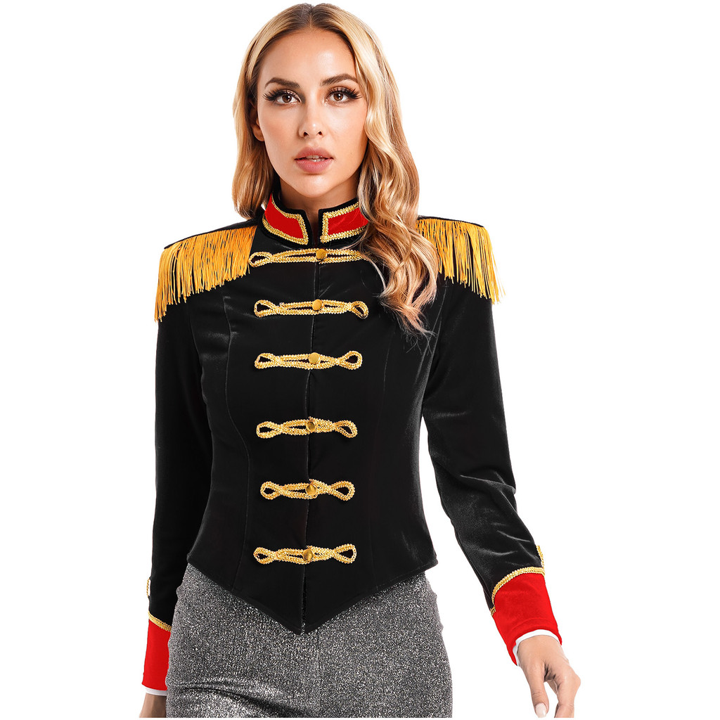 Kostum Cosplay Ringmaster Sirkus Halloween Wanita Mantel Jaket Beludru Kerah Berdiri Lengan Panjang 