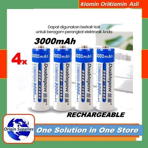DOUBLEPOW Rechageable Battery AA 3000 mAH Baterai Cas + Charger AA/AAA