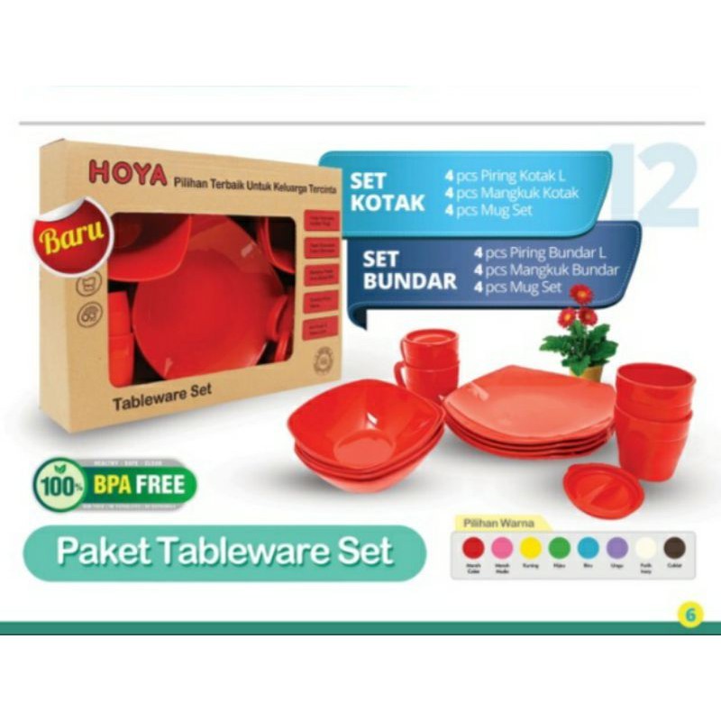 HOYAPLAST Tableware Set Of 12pcs (4piring + 4mangkok + 4mug) Plastik Tebal dengan Desain 8 Warna