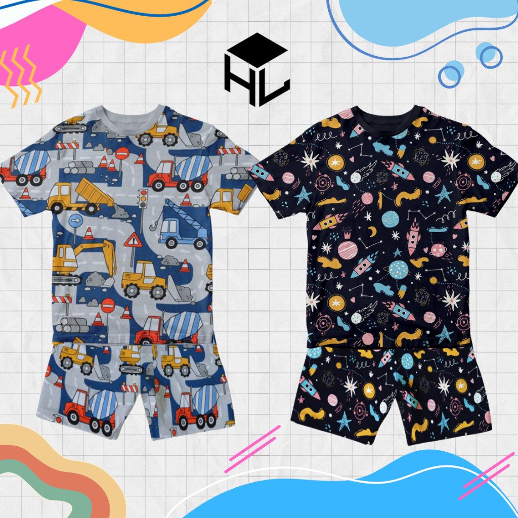 Baju Kaos Setelan Printing Anak Laki Laki Karakter Excavator Lucu Import Umur 1 - 10 Tahun -Nur