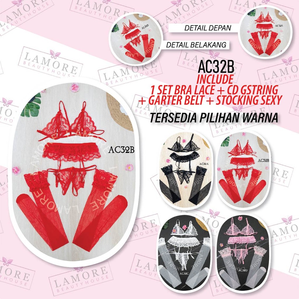 Cd G String Bra Set + Stocking + Garter Belt Lace Premium Merah Ac32B