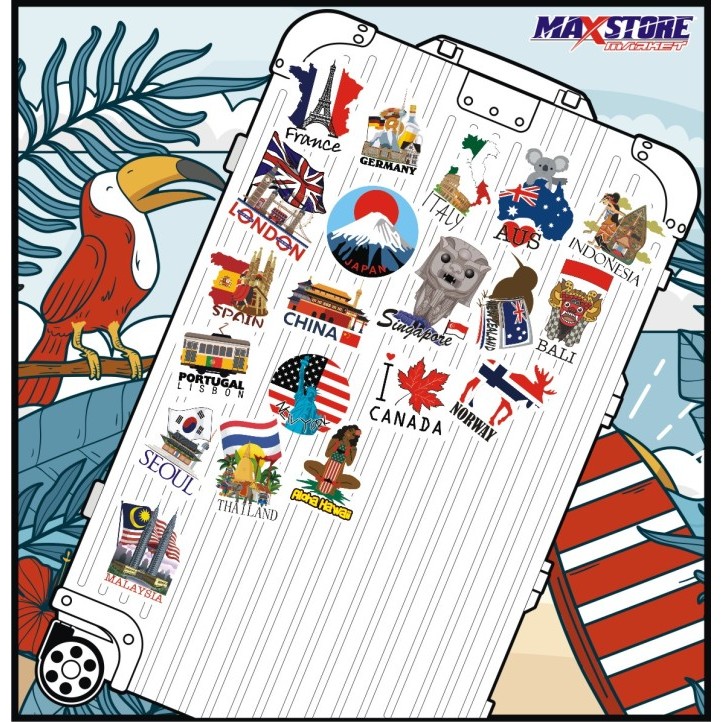 

world travel sticker pack series 1 / landmark sticker / country sticker / sticker nama nama negara / sticker bendera / flag sticker / sticker koper set / travel bag sticker / sticker koper nama negara / travel sticker