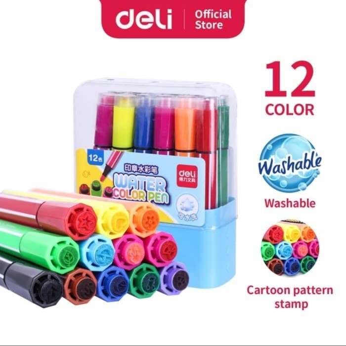 

[New Arrival] Deli 70652 Felt Pen with Stamp 12 Colors Washable Spidol Stempel Anak