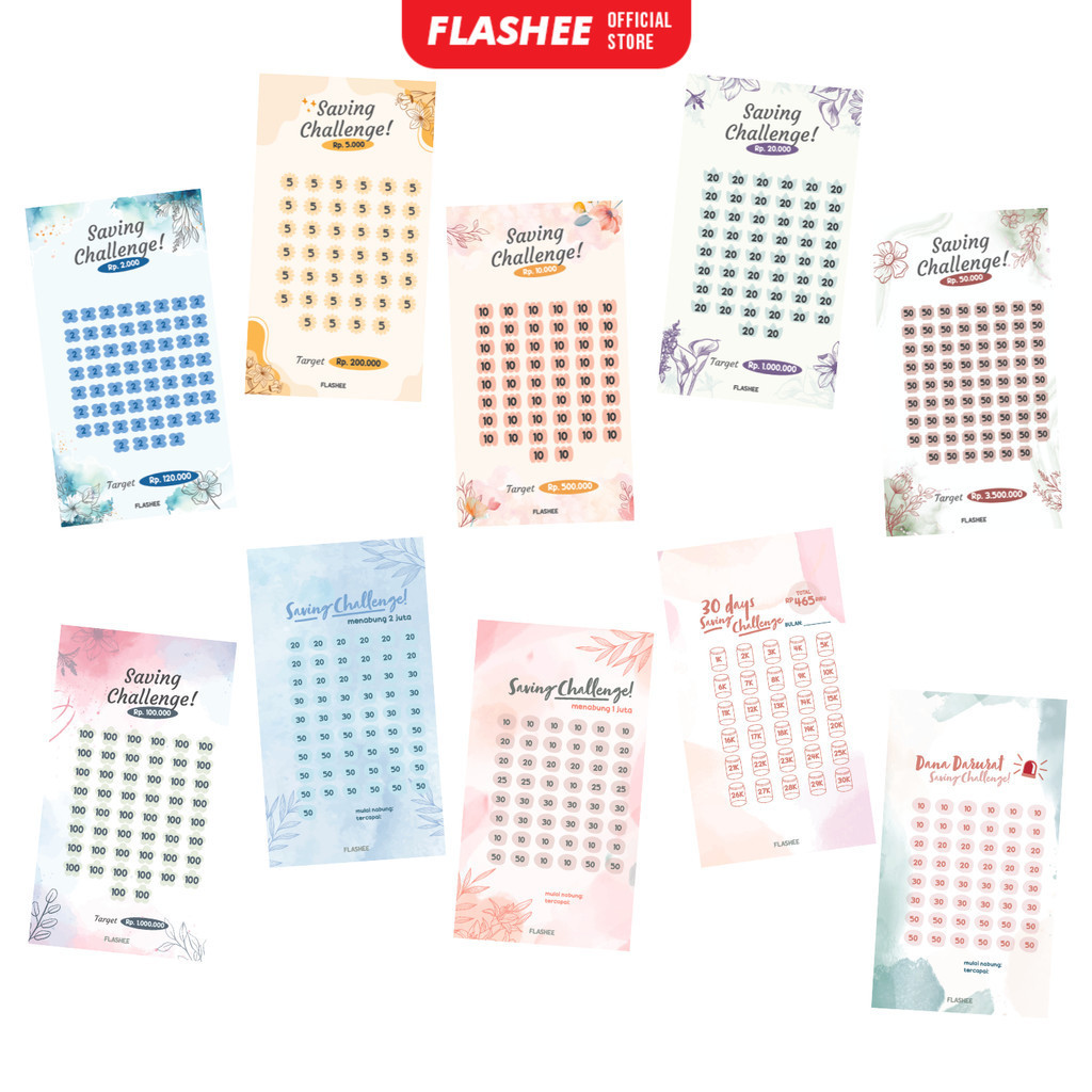 

Flashee 10 Lembar Saving Challenge Binder A6 Kertas Loose Leaf Tantangan Menabung A6 6 Ring